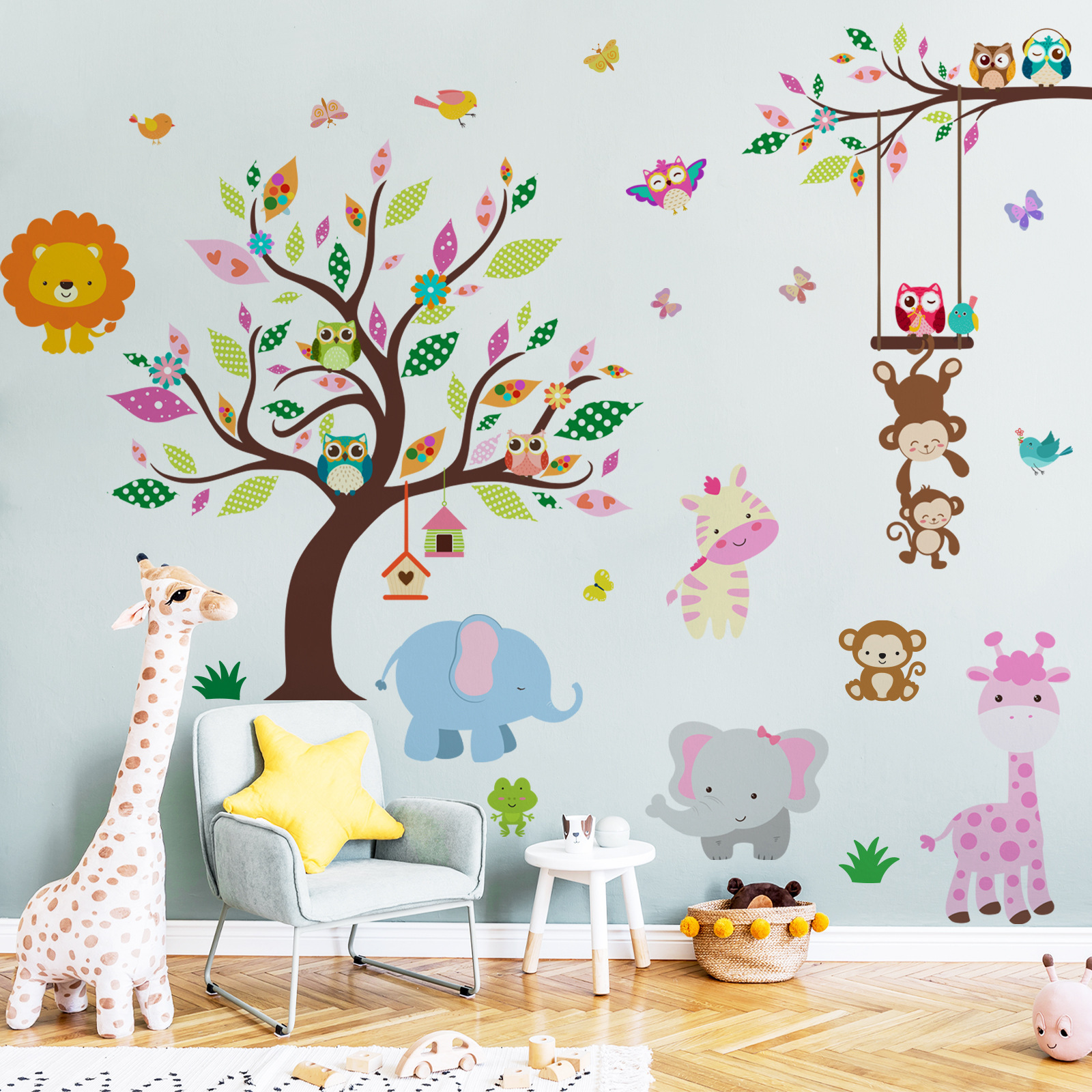 Cartoon Tree Forest Animal Elephant Monkey Giraffe Children's Room Kindergarten Decoration Background sticker for wall