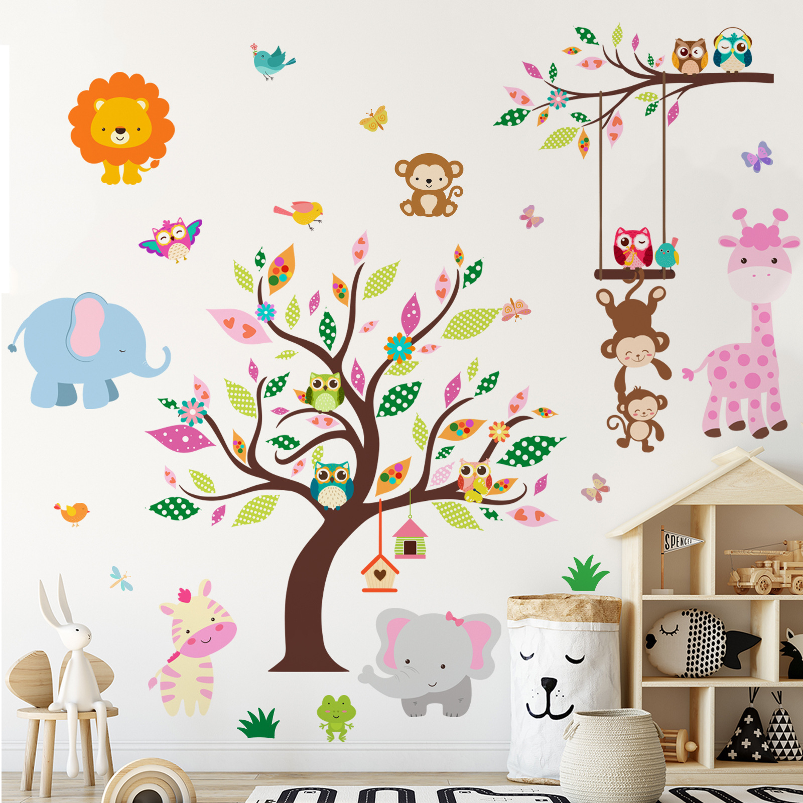 Cartoon Tree Forest Animal Elephant Monkey Giraffe Children's Room Kindergarten Decoration Background sticker for wall