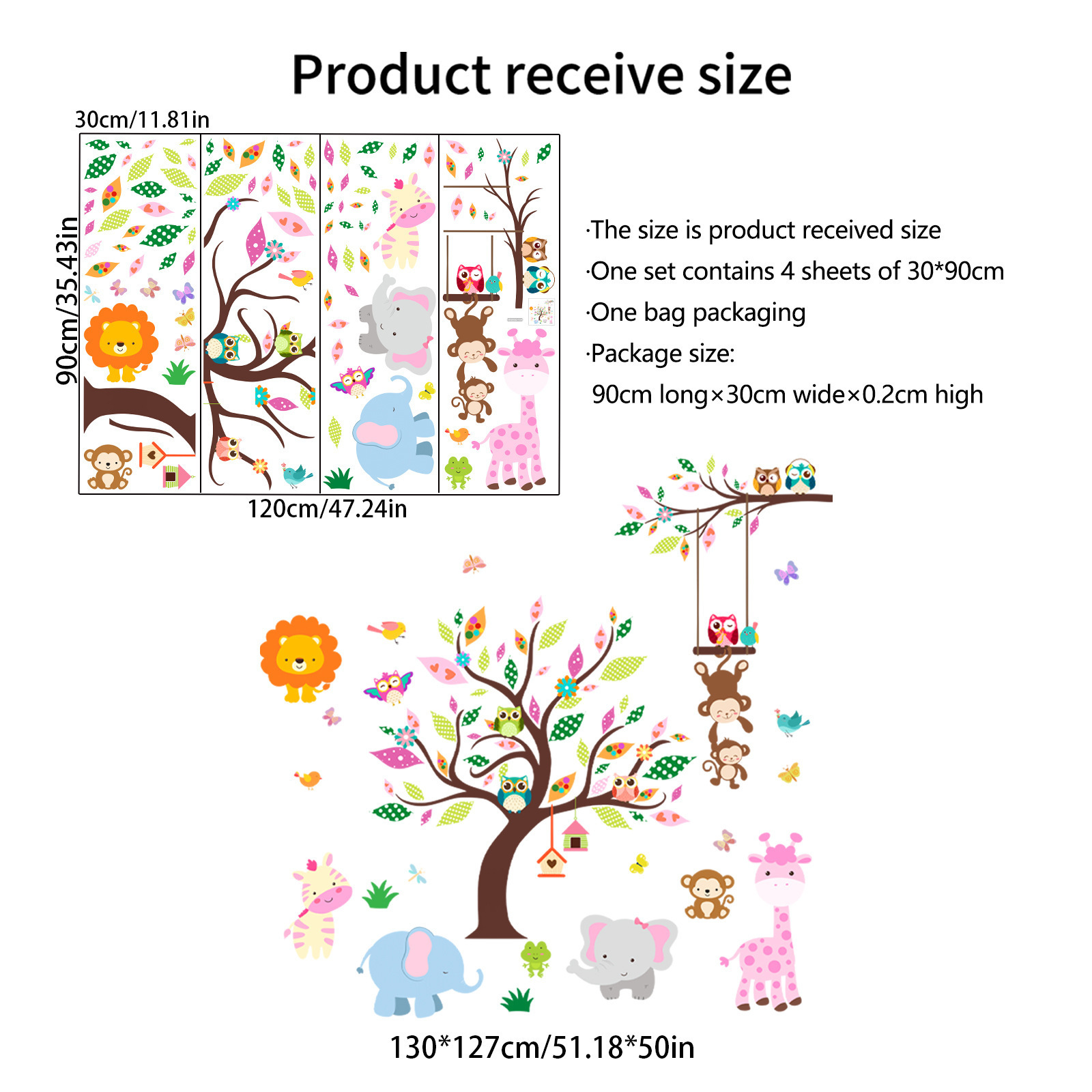 Cartoon Tree Forest Animal Elephant Monkey Giraffe Children's Room Kindergarten Decoration Background sticker for wall