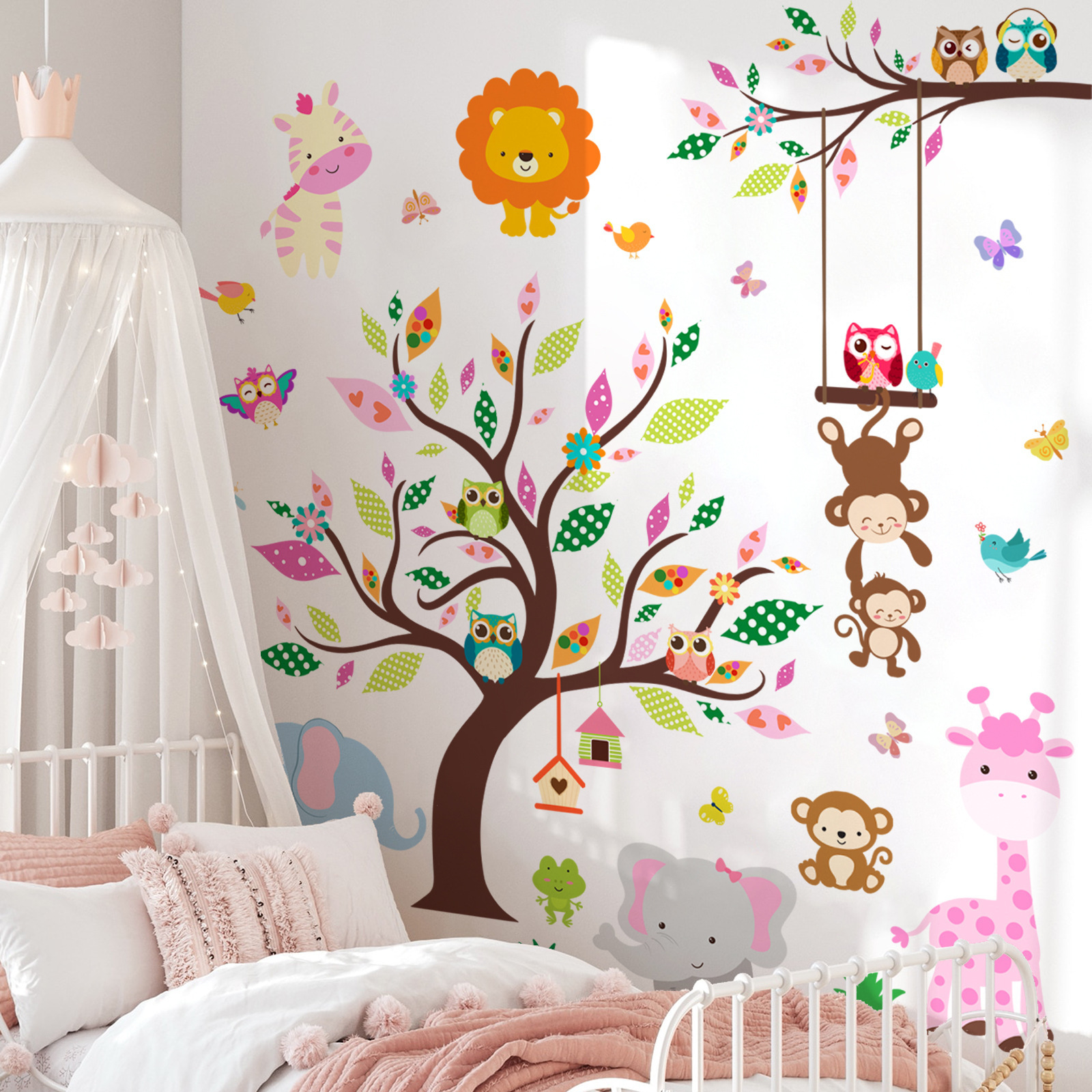 Cartoon Tree Forest Animal Elephant Monkey Giraffe Children's Room Kindergarten Decoration Background sticker for wall