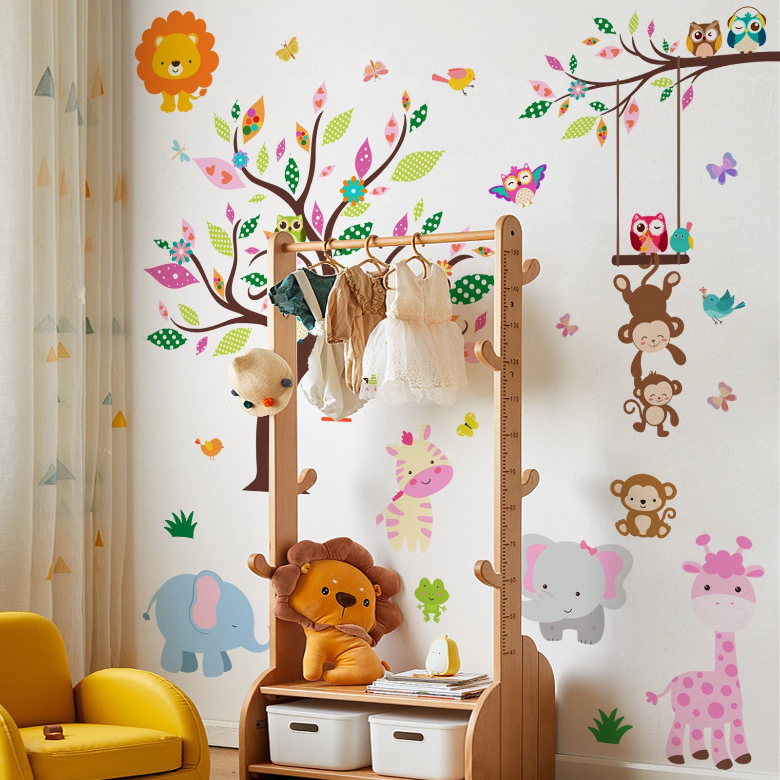 Cartoon Tree Forest Animal Elephant Monkey Giraffe Children's Room Kindergarten Decoration Background sticker for wall