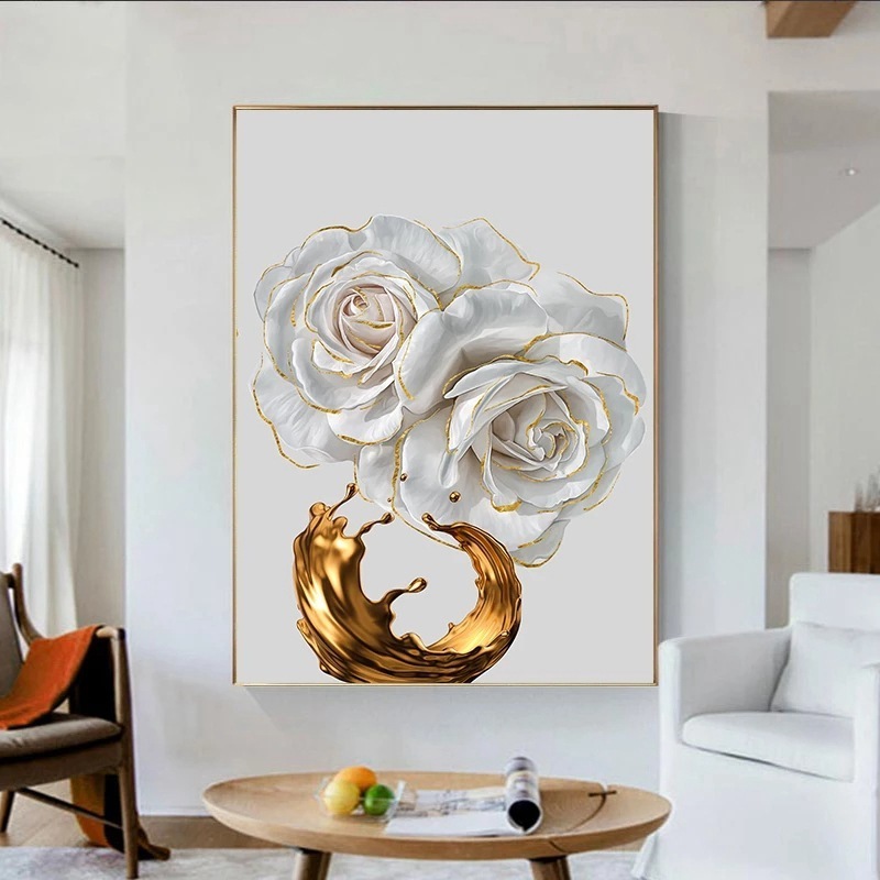 Custom white rose flower paintings  wall arts Crystal porcelain frame artwork wall painting other accessories for home decor