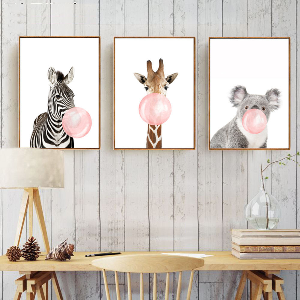 Koala giraffe blowing bubbles kids room  Home Decor Paintings Canvas Wall Art