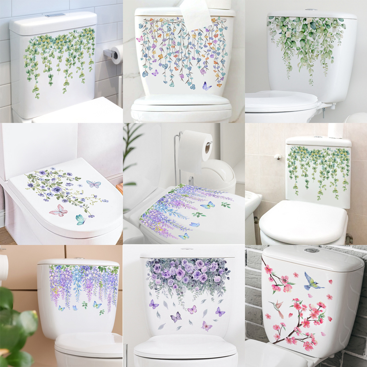 wholesale Plants flowers birds wall stickers for toilet bathroom home decoration  self-adhesive wall stickers