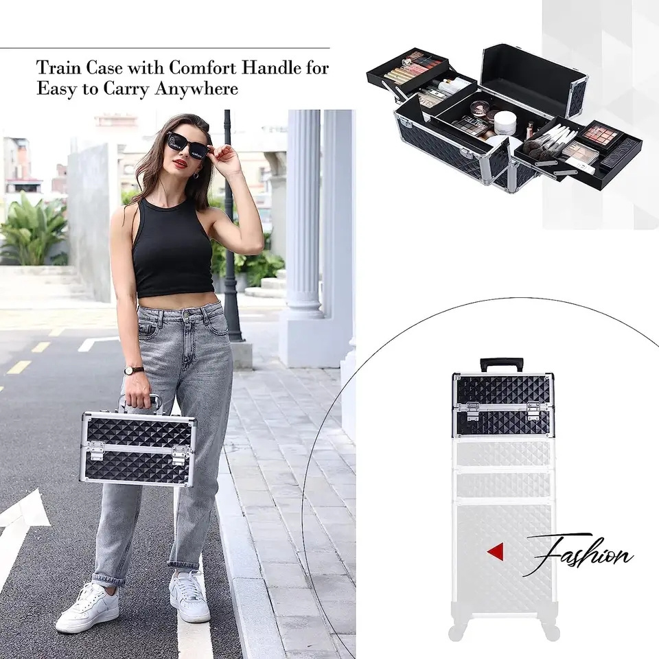 4 in 1 Professional Aluminum Cosmetic Case Black Large Makeup Train Case Lockable Rolling Makeup Artists Trolley Case