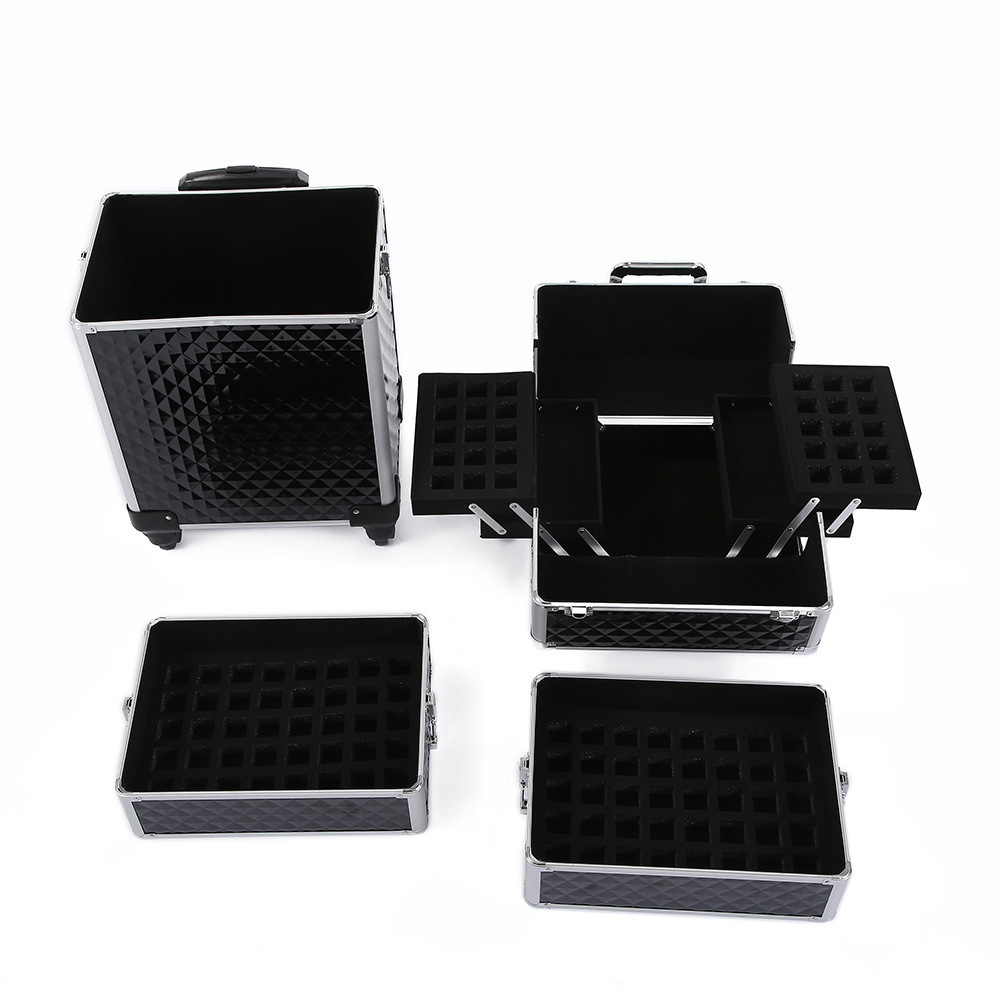 4 in 1 Professional Aluminum Cosmetic Case Black Large Makeup Train Case Lockable Rolling Makeup Artists Trolley Case