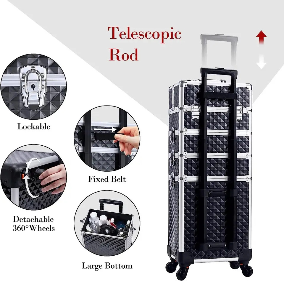 4 in 1 Professional Aluminum Cosmetic Case Black Large Makeup Train Case Lockable Rolling Makeup Artists Trolley Case