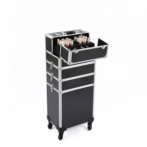 4 in 1 Professional Aluminum Cosmetic Case Black Large Makeup Train Case Lockable Rolling Makeup Artists Trolley Case