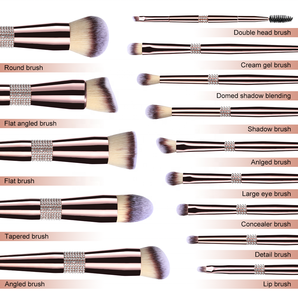 Luxury Bling Glitter Rose Gold Diamond Handle Makeup Brush 14PCS Crystal Handle Custom Logo Foundation Make Up Brushes