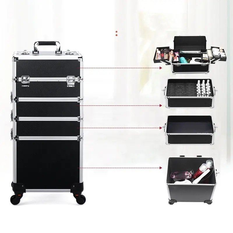 Professional 4 IN 1 Large Aluminum Makeup Train Case Nail Polish Organizer Lockable Travel Rolling Makeup Trolley Case