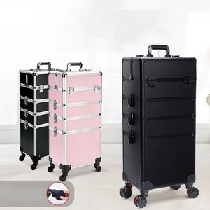 Professional 4 IN 1 Large Aluminum Makeup Train Case Nail Polish Organizer Lockable Travel Rolling Makeup Trolley Case