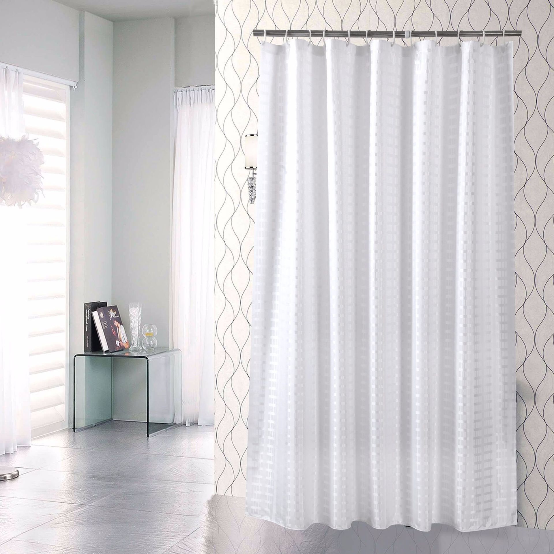 White T-strip jacquard shower curtain hotel bathroom plain polyester bath shower curtain waterproof wholesale