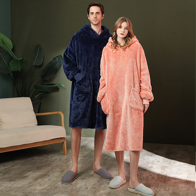 Autumn and winter hooded pullover loose blanket men and women flannel pyjama jacket plus size outside the home