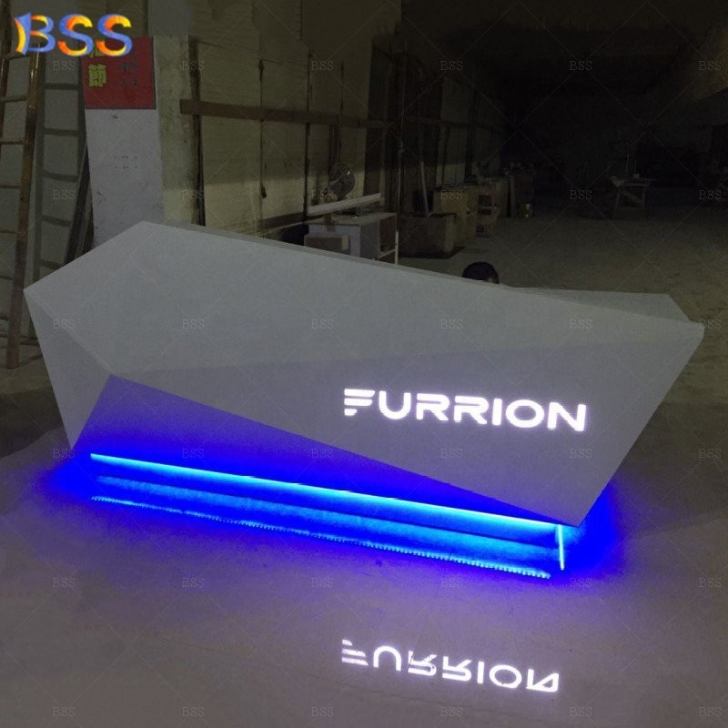 Office Reception Desk Design Modern Contemporary Diamond Shape Blue Light Led Logo White Marble Office Reception Desk