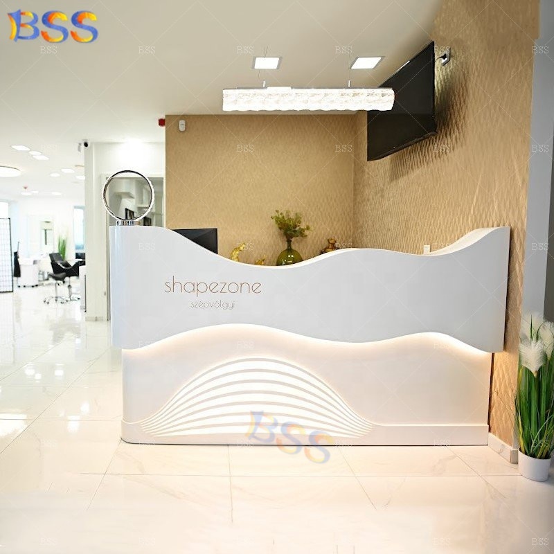 Front Reception Counter Modern Cool Cosmetic Hospital Medical Luxury Led Corian White Curved Beauty Salon Reception Desk