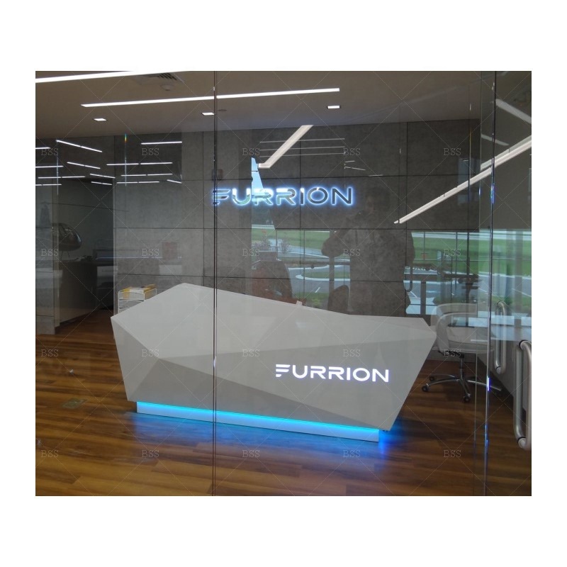 Office Reception Desk Design Modern Contemporary Diamond Shape Blue Light Led Logo White Marble Office Reception Desk