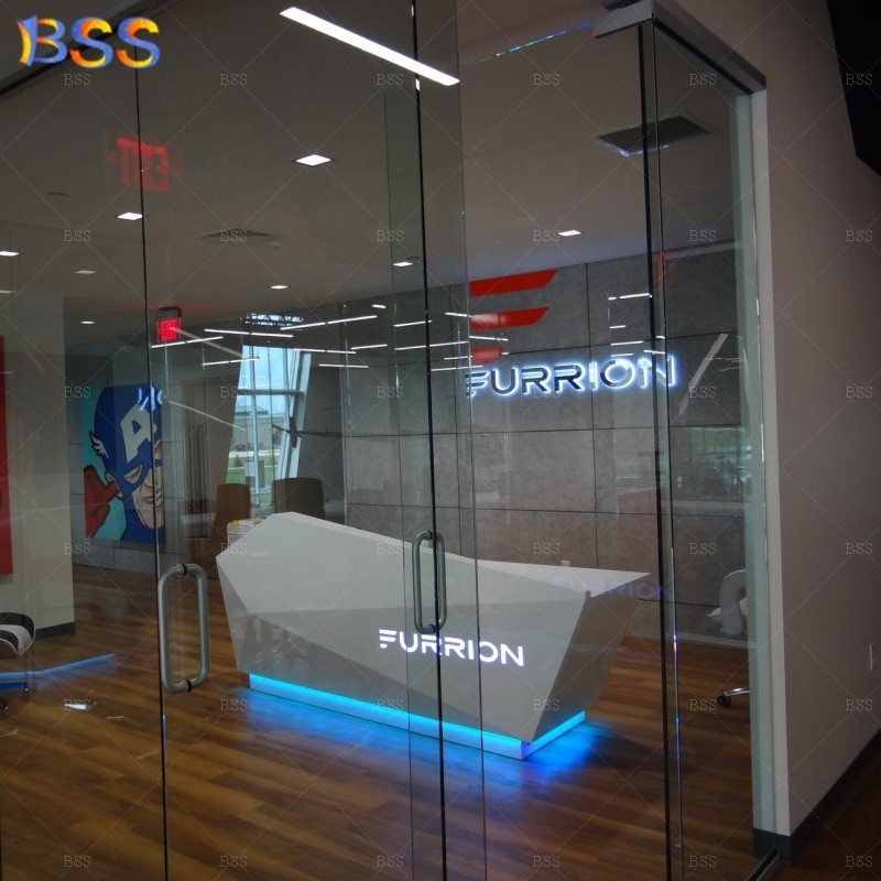 Office Reception Desk Design Modern Contemporary Diamond Shape Blue Light Led Logo White Marble Office Reception Desk