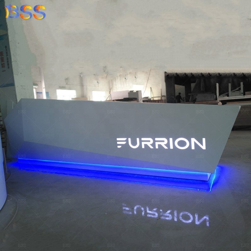 Office Reception Desk Design Modern Contemporary Diamond Shape Blue Light Led Logo White Marble Office Reception Desk