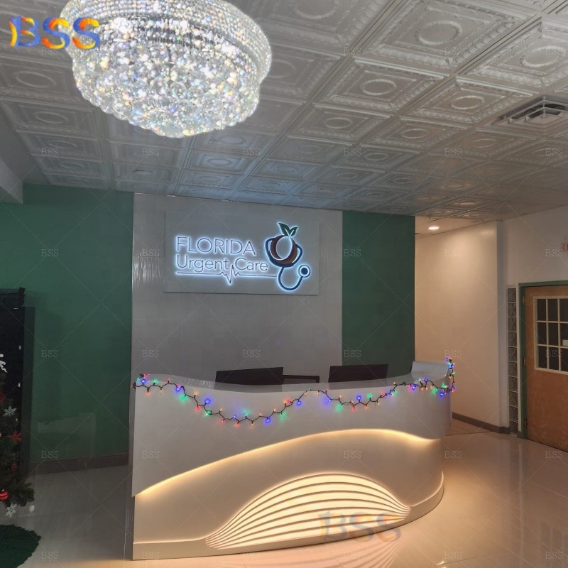 Front Reception Counter Modern Cool Cosmetic Hospital Medical Luxury Led Corian White Curved Beauty Salon Reception Desk