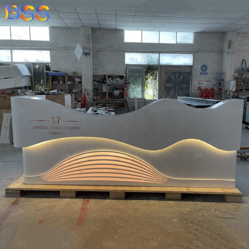 Dental Clinic Reception Desk Design Modern Contemporary Gloss White Solid Surface Custom Logo Lighted Dental Reception Desk