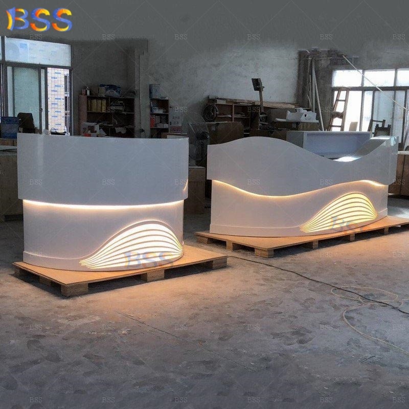 Front Reception Counter Modern Cool Cosmetic Hospital Medical Luxury Led Corian White Curved Beauty Salon Reception Desk