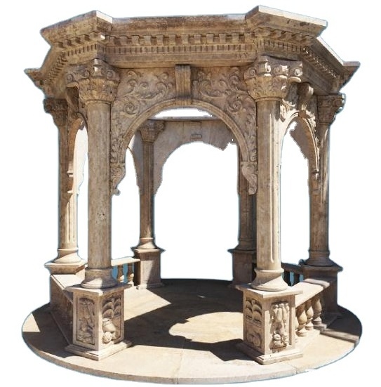 Outdoor Decoration Garden Natural Stone Carved Marble Gazebo With Figure Statue