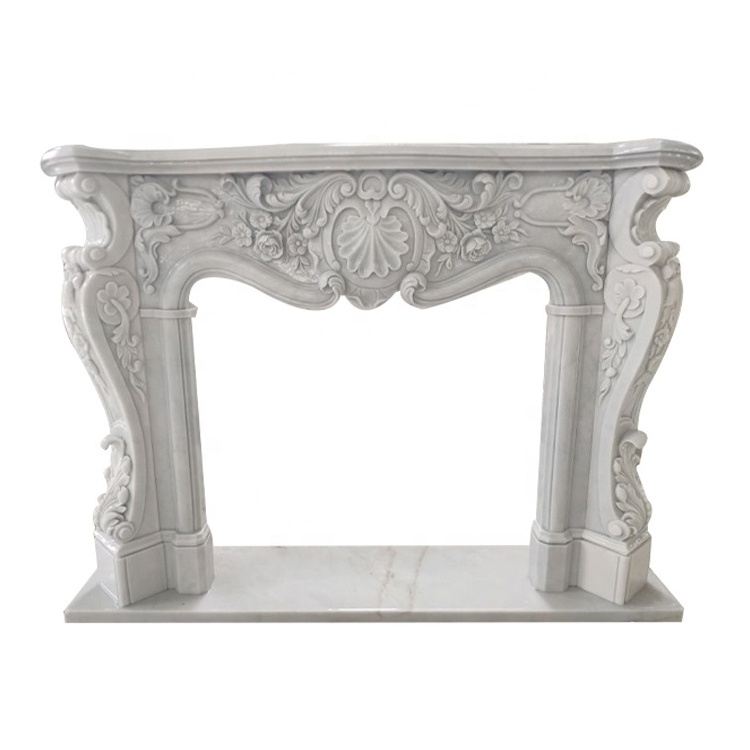 Decoration Sculpture Hand Carved Rustic Marble Stone White Fireplace Mantel