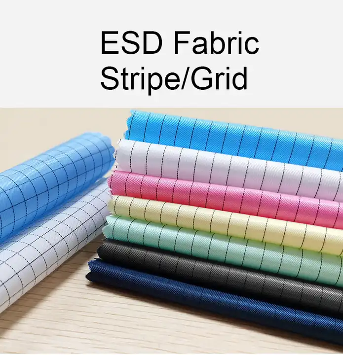 Wholesale Cleanroom Coverall Twill Conductive ESD Fabric Uniform Garment 5mm Grid Stripe Anti-static ESD Fabric