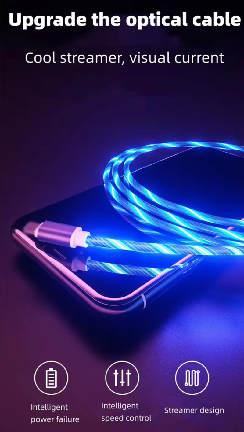 Glowing LED Cable 2A Fast Charging Cable Micro USB Type-C Cable Flowing Streamer Light LED For Phone 8 Pin Charge Wire Cord