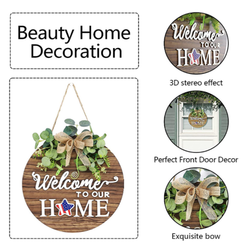 Interchangeable seasonal welcome sign front door decorated with rustic circular wooden wreath wall hanging outdoor decorations f