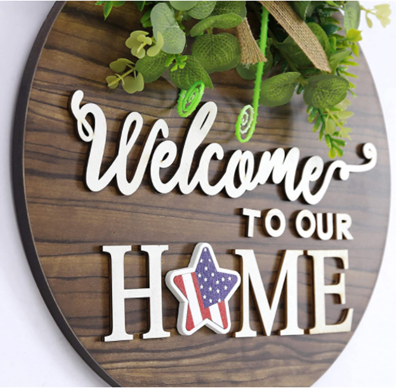 Interchangeable seasonal welcome sign front door decorated with rustic circular wooden wreath wall hanging outdoor decorations f