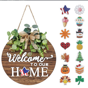 Interchangeable seasonal welcome sign front door decorated with rustic circular wooden wreath wall hanging outdoor decorations f