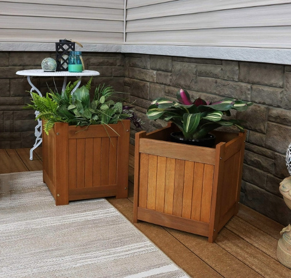 Wood Outdoor Planter Box With Teak Oil -porch And Patio Outside Plant And Vegetable Container