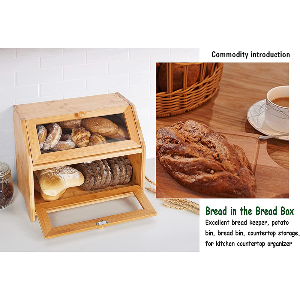 Bamboo Bread Bin Modern Bread Keeper With Clear Windows Wooden Bread Boxes With Drawer Storage