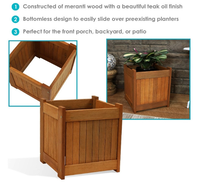 Wood Outdoor Planter Box With Teak Oil -porch And Patio Outside Plant And Vegetable Container