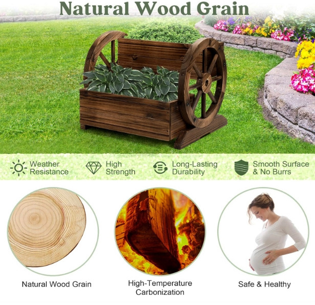 Garden Wooden Plant Boxes With Wagon Wheel Stands For Flowers Planting