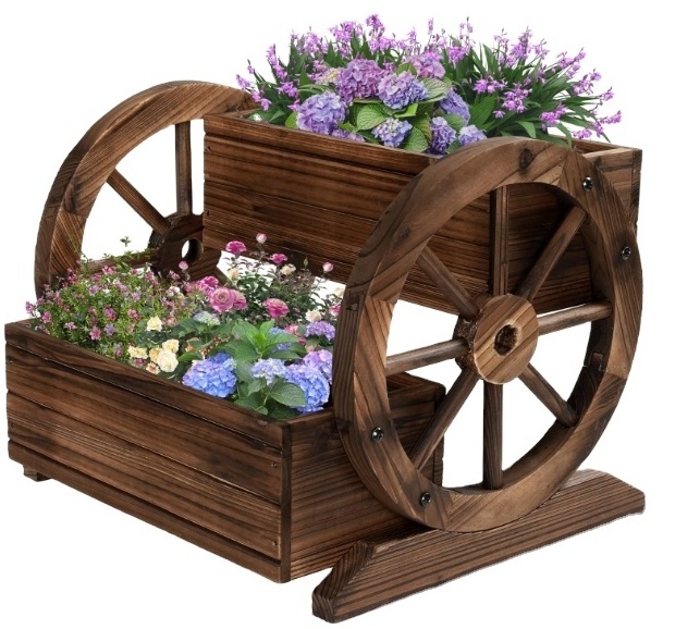 Garden Wooden Plant Boxes With Wagon Wheel Stands For Flowers Planting