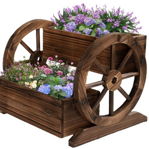 Garden Wooden Plant Boxes With Wagon Wheel Stands For Flowers Planting