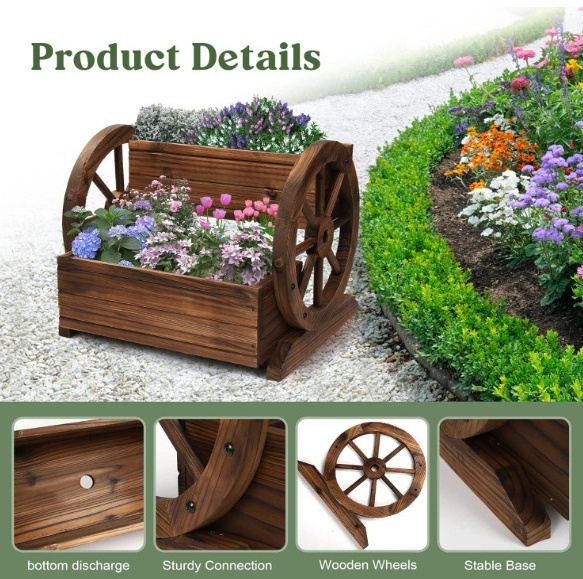 Garden Wooden Plant Boxes With Wagon Wheel Stands For Flowers Planting