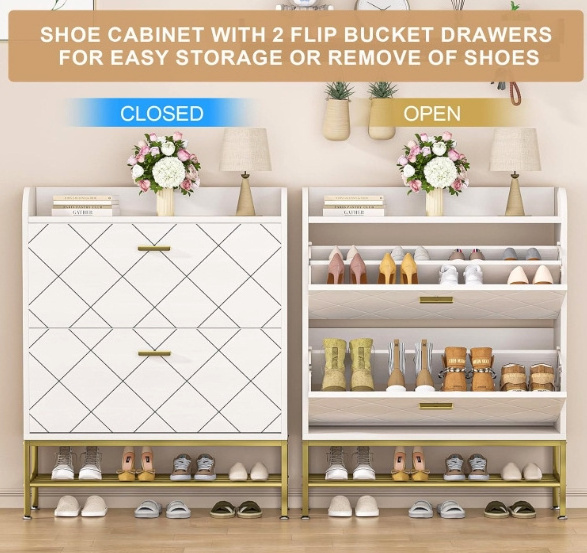 Wooden invisible shoe cabinet with clamshell drawers Locker for entryway Small space Living room Bedroom (white)