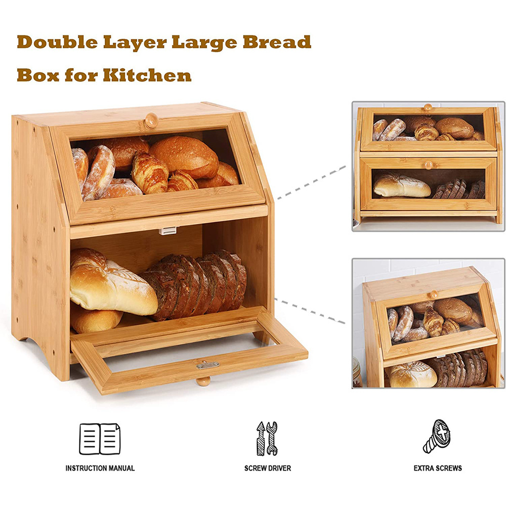 Bamboo Bread Bin Modern Bread Keeper With Clear Windows Wooden Bread Boxes With Drawer Storage