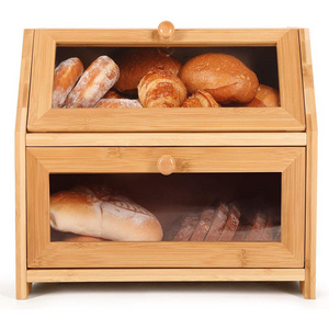 Bamboo Bread Bin Modern Bread Keeper With Clear Windows Wooden Bread Boxes With Drawer Storage