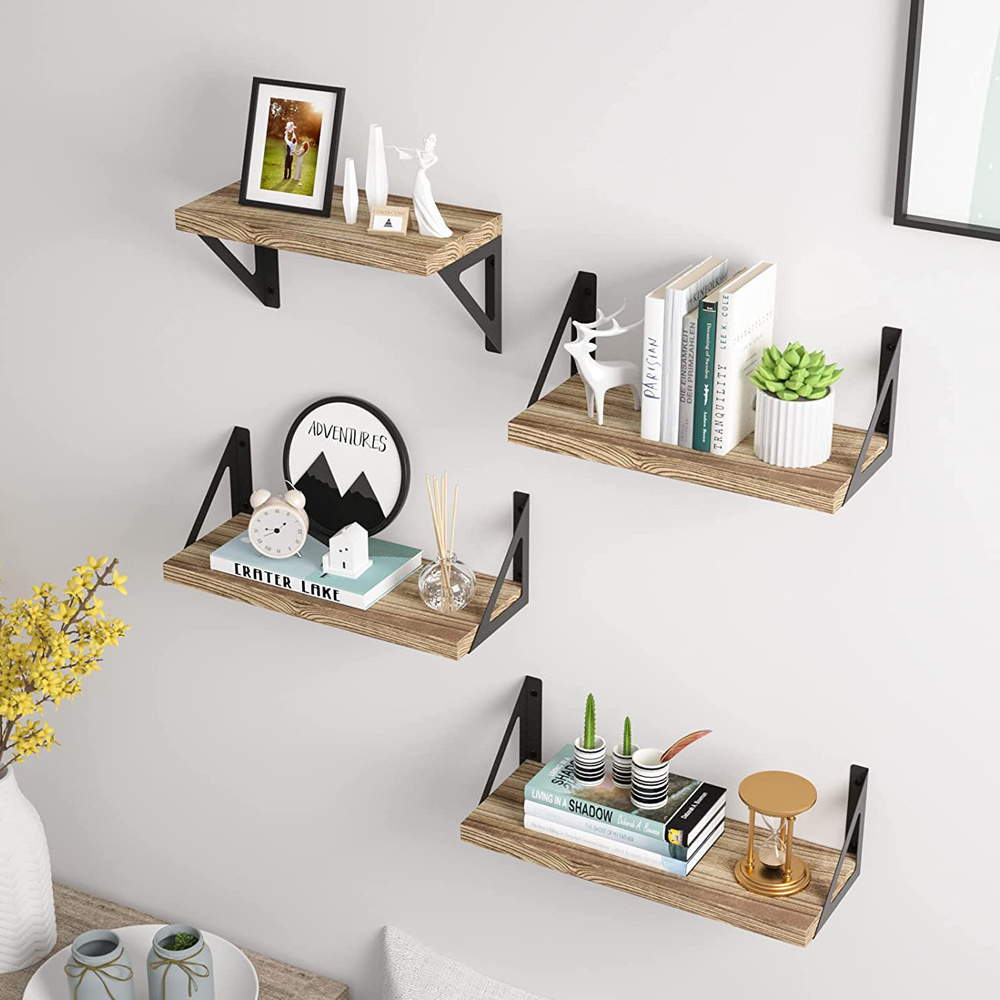 Set Of 4 Classic Natural Solid Wood Wall Shelf Hanging Storage Furniture Metal Mounted Wall Floating Shelves