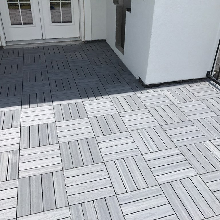 Cheap Terrace straight grooves water-proof gray WPC DIY decking tiles composite square wood click tiles