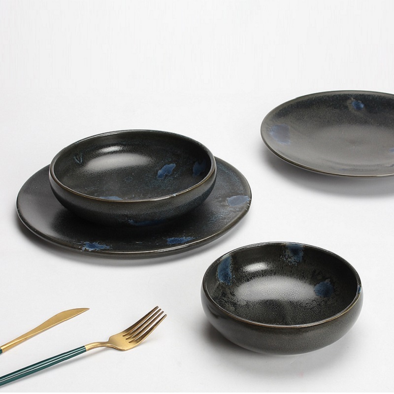 European Unique Stoneware Black Restaurant Dinner Ware Cup Bowl Plates Set Ceramic Dinnerware Made In China