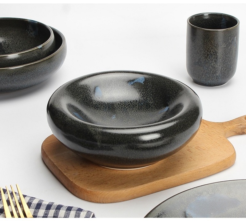 European Unique Stoneware Black Restaurant Dinner Ware Cup Bowl Plates Set Ceramic Dinnerware Made In China