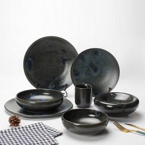 European Unique Stoneware Black Restaurant Dinner Ware Cup Bowl Plates Set Ceramic Dinnerware Made In China