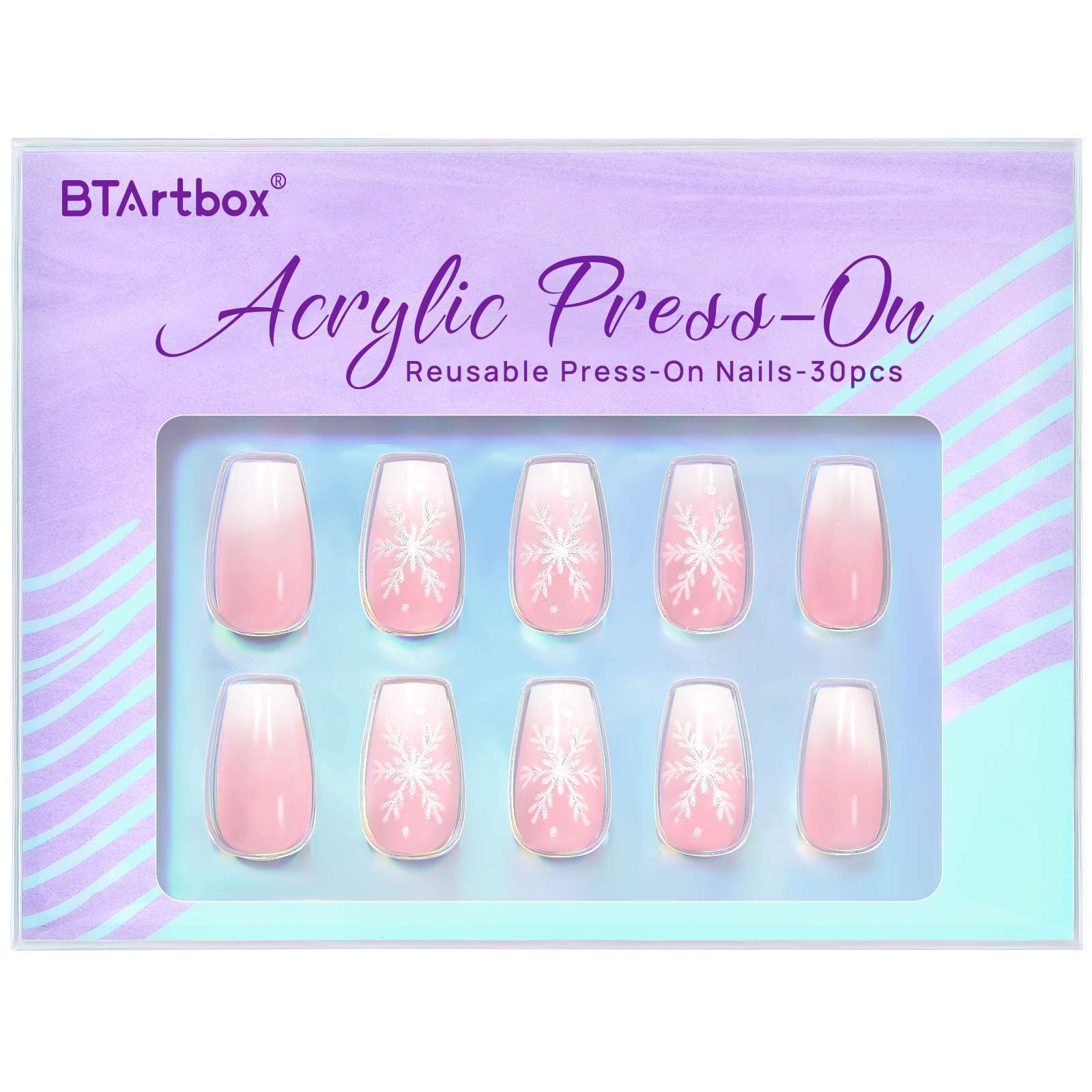 BTArtbox Wholesale Private Label Gel Fake Nails Pink Ombre Christmas Snowflakes Short Ballerina Acrylic Press On Nails