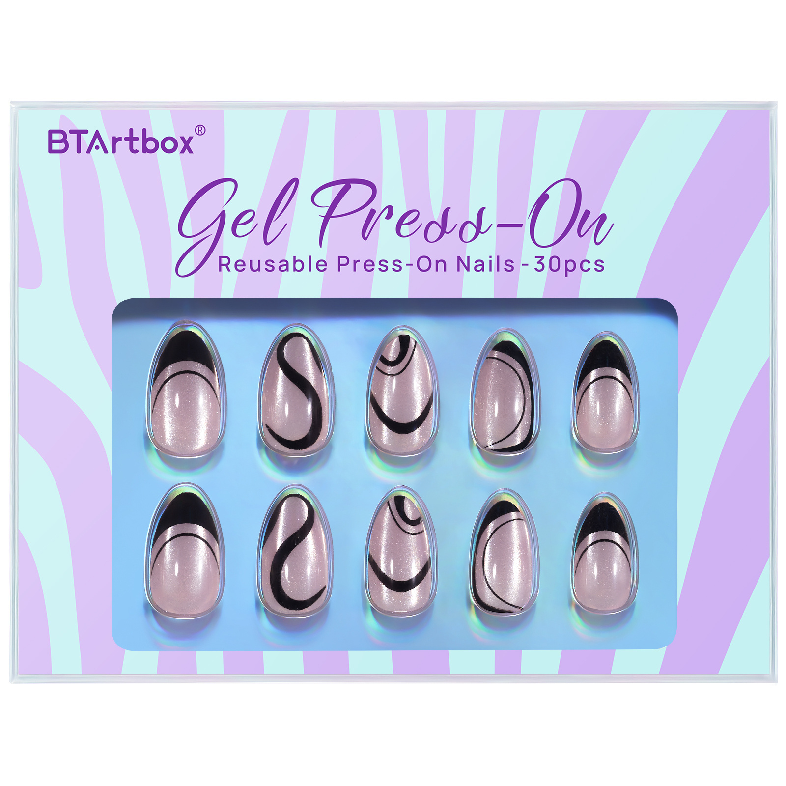 Private Label 30pcs Gel X Press On Nails Short French Nail Tips Fake Designer Swirl Glitter Press On Nails Supplies