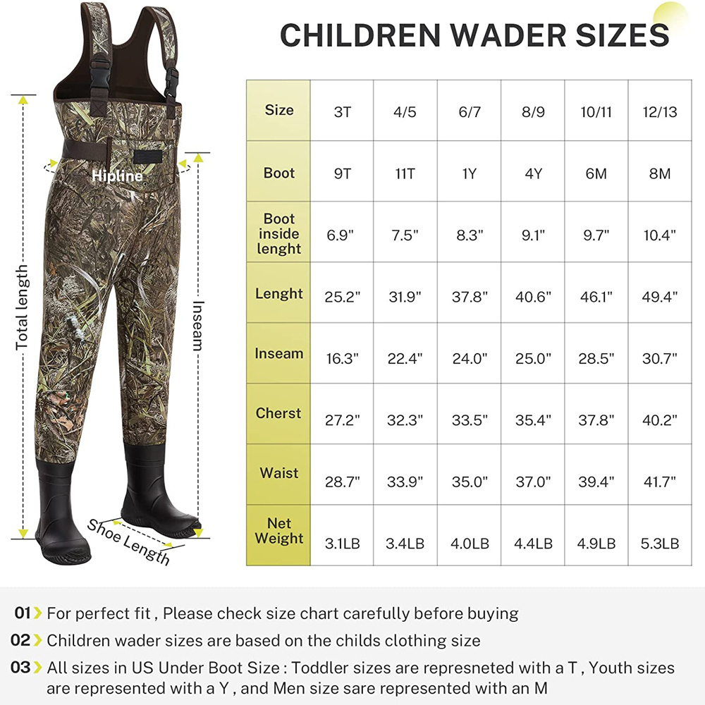 Kids Neoprene Chest Waders with Rubber Boots 100% Waterproof Breathable Insulated Camo Fishing Waders for Toddler Children Boys